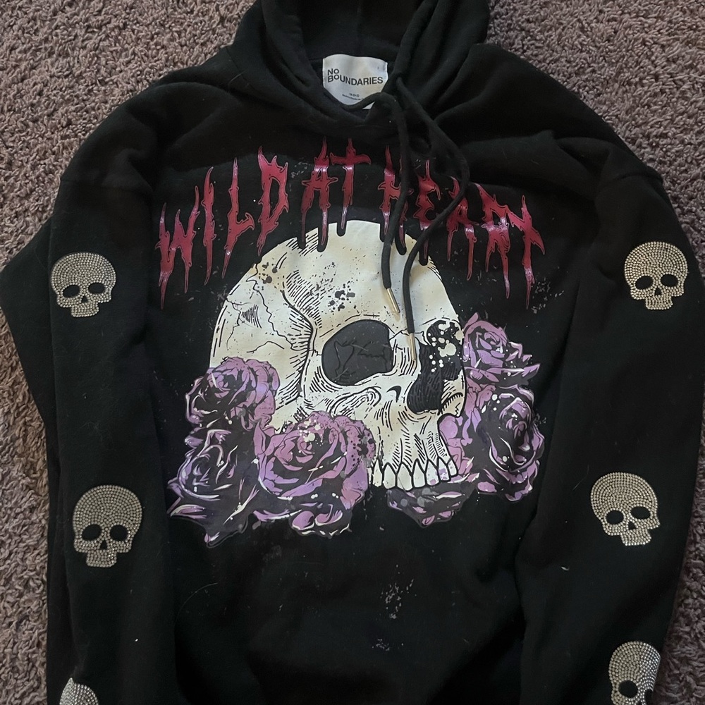 No Boundaries Black Skull & Purple Roses Crewneck Sweater